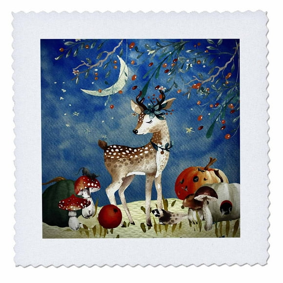 3dRose Woodland Friends-Deer In Autumn Forest - Quilt Square, 12 by 12-inch