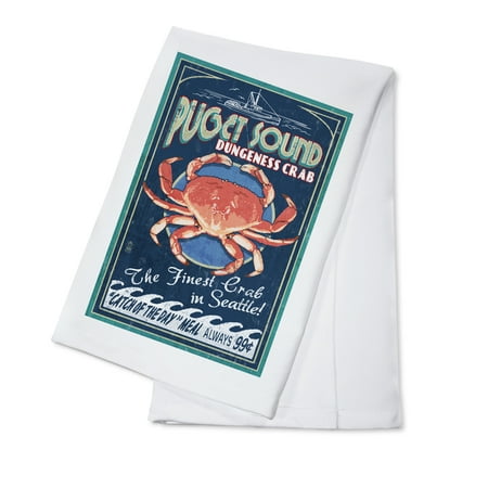 Puget Sound, Washington - Dungeness Crab Vintage Sign - Lantern Press Artwork (100% Cotton Kitchen