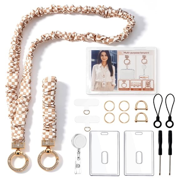 Scrunchie Lanyard for ID Badges, Elastic Cute Teacher Lanyard with ID Holder, Neck and Wrist Keychain for Office Staff，Mobile Phone Anti-lost Lanyard, Teacher Appreciation Gifts (Pink & Beige)