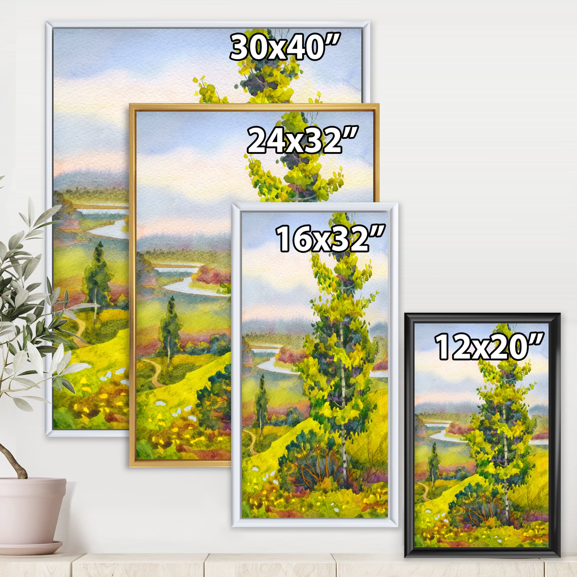 Designart 'Colorful Young Orange Betulas Along Bank Of Calm Bay' Lake House Framed Canvas Wall Art Print