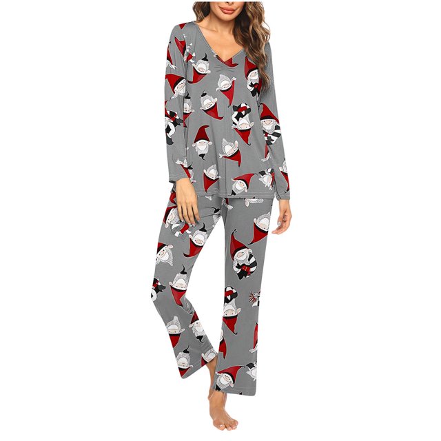 Puntoco Conjuntos de pijama cómodos para mujer Conjunto de pijama informal con cuello en V y pantalones largos con estampado navideño para mujer
