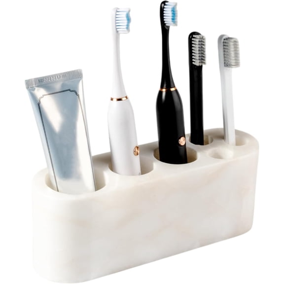 6 Slots Marble Toothbrush and Toothpaste Holder Stand for Countertop with Electric Toothbrush and Razor Storage in Karibib Ice