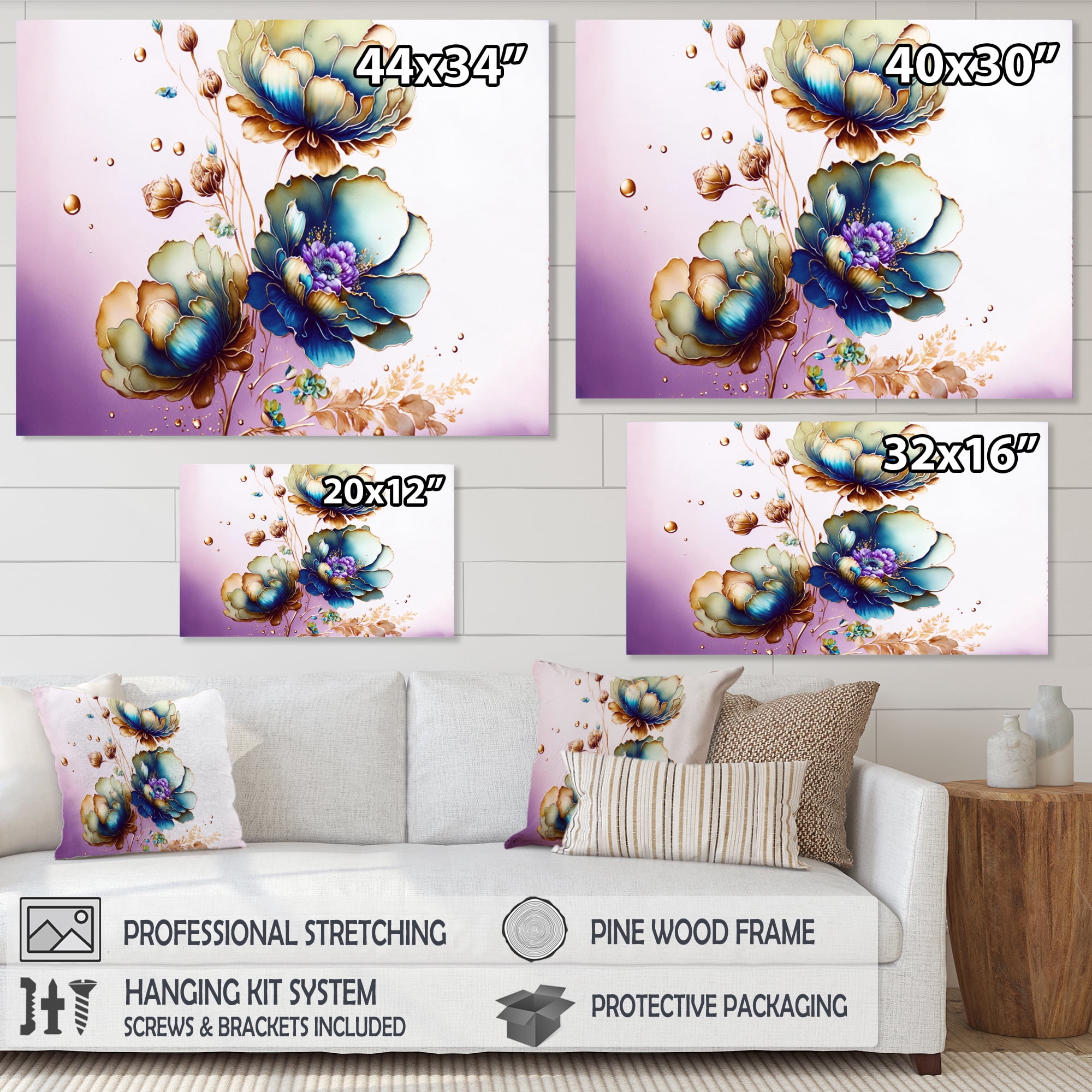 Designart Green And Blue Violet Floral Design I Canvas Wall Art
