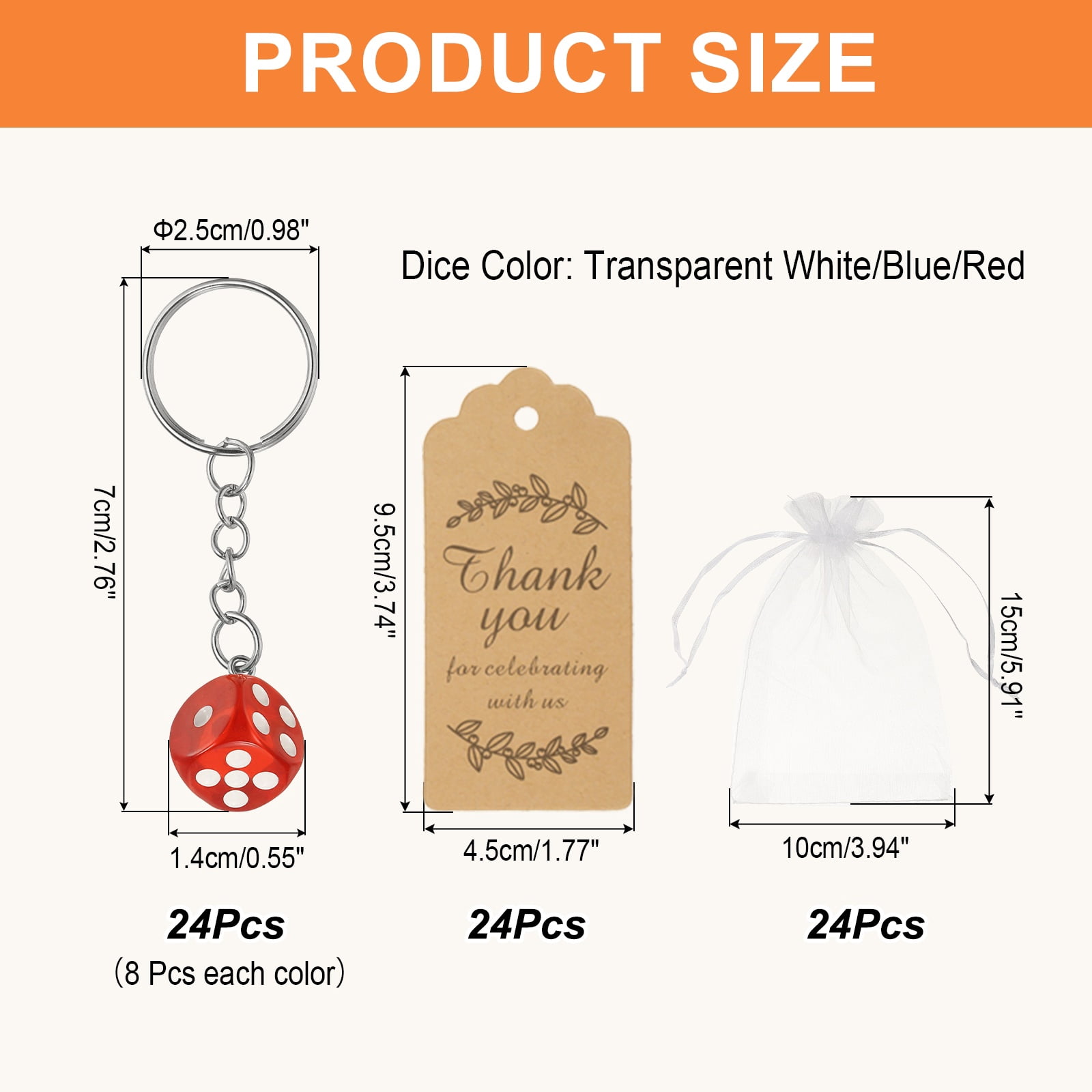 Uxcell Dice Key Chains Bulk with Jute Twine Gift Tag/Mesh Bag, Creative Keyring Charm Pendant for Bag Wallet Purse Car Cellphone Accessories, Transparent White/Blue/Red