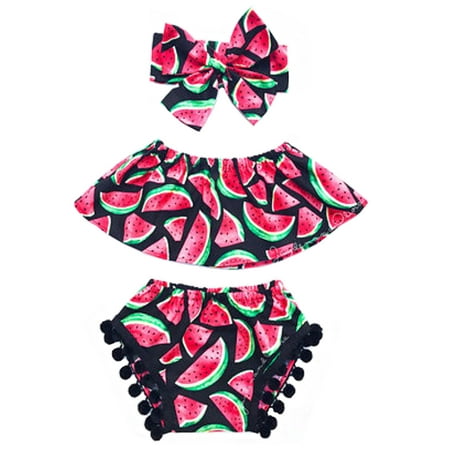 

StylesILove Chic and Fun Watermelon Print Top and Pompom Trim Bloomers with Matching Headband 3 pcs Sunsuit Set (90/ 2T)