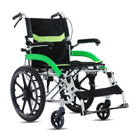 NOMIGO Lightweight Transport Wheelchair Foldable, Double-Brake Design Wheelchair with Self-Propelled for Adults with 20-Inch Large Rear Wheel Support 230Lbs Green