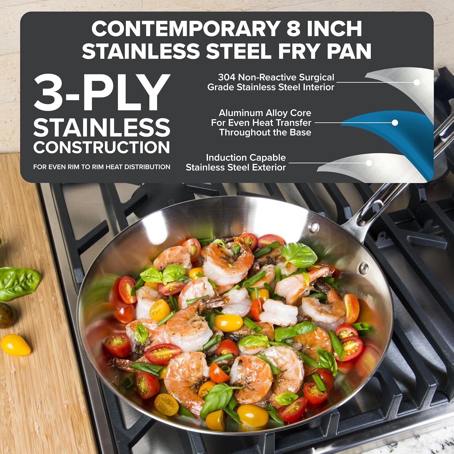 3-Ply Non Stick Frying Pan, 8 Inch Stainless Steel Cookware, Silver