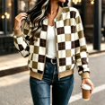 thumbnail image 2 of Zijinkuiwen Women Checkered Print Bomber Jacket Zip Up Long Sleeve Ribbed Trim Outerwear for Casual Daily Wear, 2 of 6