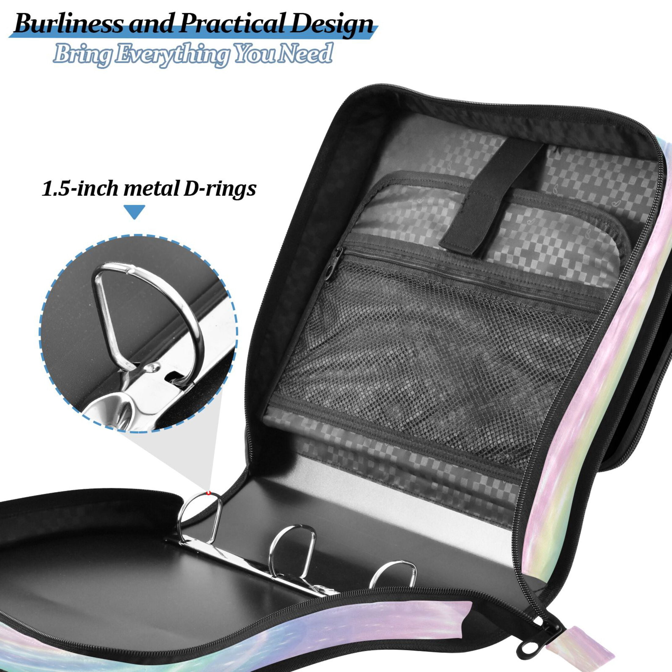 Water-Resistant 3-Ring Binder Organizer with Multiple Pockets Zipper Binder Bag for Office Cute Pastel Rainbow Swirl