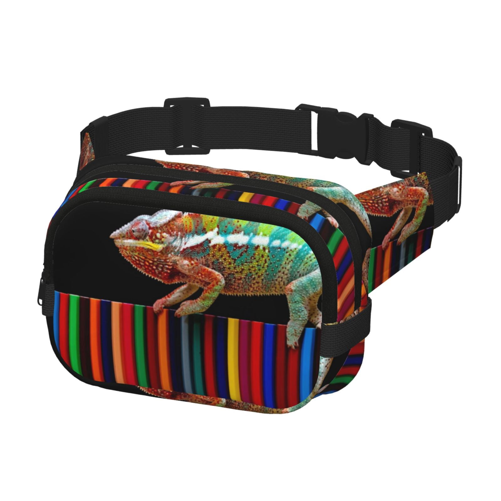 Picia Chameleon Panther On Colored Pencils Print Square Double-Layer Waist Bag Mini Adjustable Waist Belt Bag Exercise Running Travel Hiking