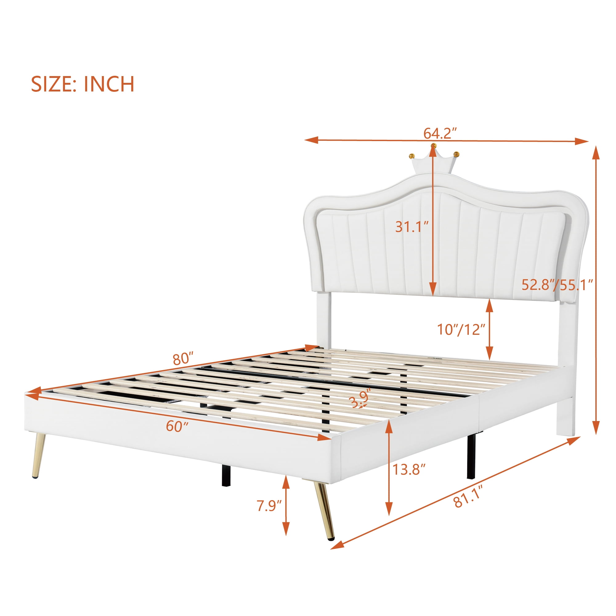 Aukfa Queen Upholstered Bed Frame with Crown Headboard and LED Lights, PU Princess Bed for Kids - White