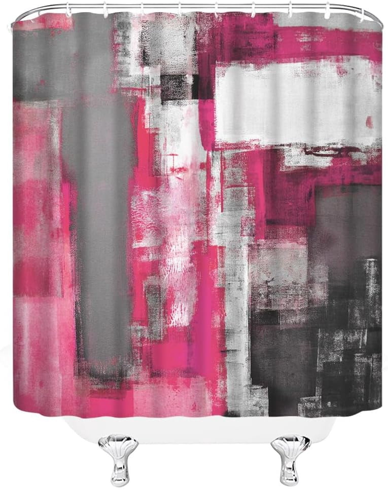 Hot Pink Gray Shower Curtain Abstract Art Grunge Style Brushstrokes Oil Painting Ombre Design Colorful Art Modern Home Fabric Bathroom Decor Set Include Hooks,(70" Wx84 H)