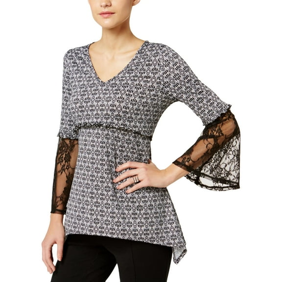 NY Collection Womens Printed Lace Sleeves Blouse