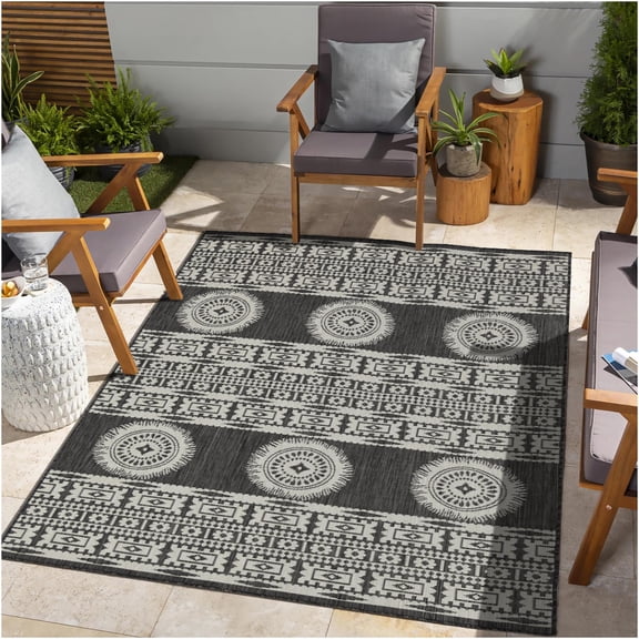 JERFIT Indoor Outdoor Rug 8x10 Feet, Anthracite Gray Modern Polypropylene Area Rug, Flatweave Low Profile Easy Clean Boho Chic Rug for Patio Deck Living Room Dining Bedroom