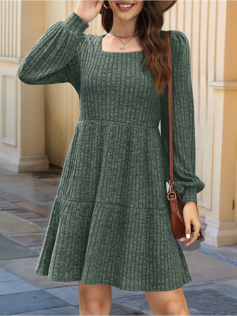 Womens Square Neck Long Sleeve Fall Dresses Casual Babydoll Sweater Dress  Green L - Walmart.com