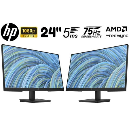 Hewlett Packard 65P62AA#ABA 24 inch Full HD 16:9 5ms 75Hz FreeSync LCD Monitor Black 2 Pack Bundle with Deco Gear 6FT Universal 4K HDMI 2.0 Cable with 28AWG Pure Copper Conductors