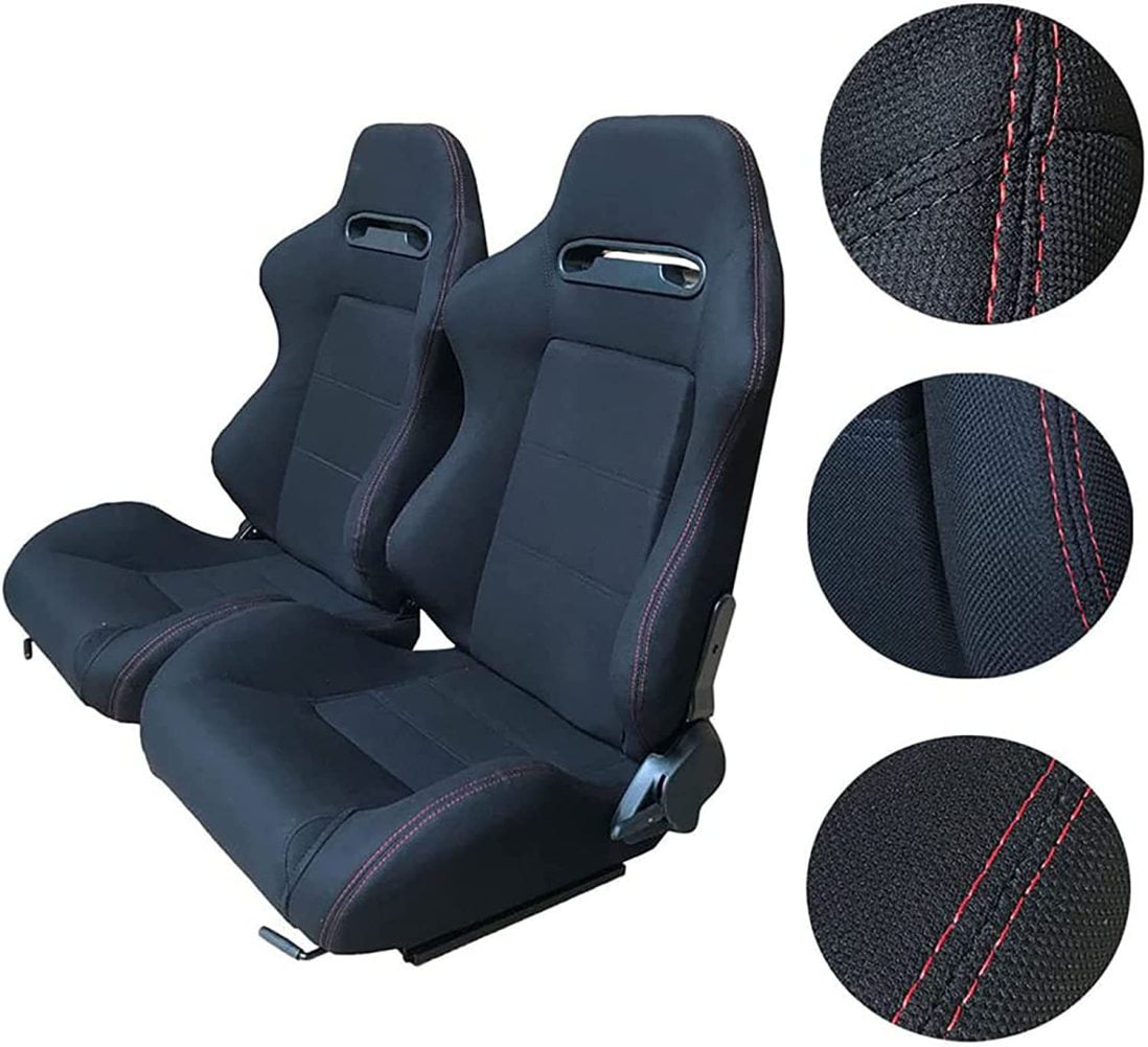 TRIL GEAR Set of 2 Universal Black Cloth with Red Stitch Reclinable Racing Seat+Adjustable Sliders 