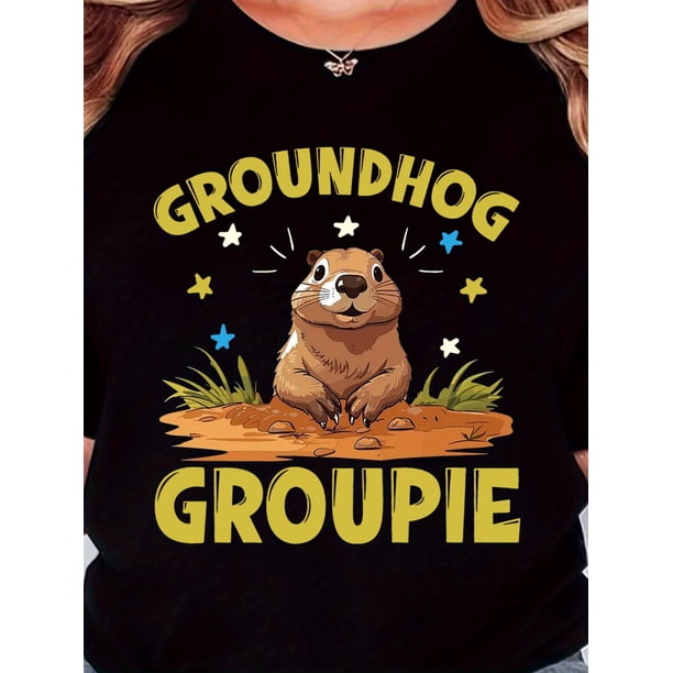 Women's Retro Groundhog Graphic Tee - "GROUNDHOG GROUPIE" Print, Casual & Comfy Round Neck Short Sleeve Shirt, Minimalist Design with Blue Stars, Perfect for Casual Attire, Everyday Tshirt | Vintage
