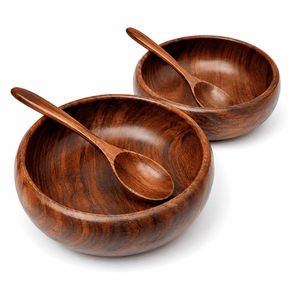 DnU Avenue Round Sheesham Wood Serving Set with 2 Wooden Spoons for Salad, Pasta, Fruit, Soup & Cereal, Mother's Day Gift