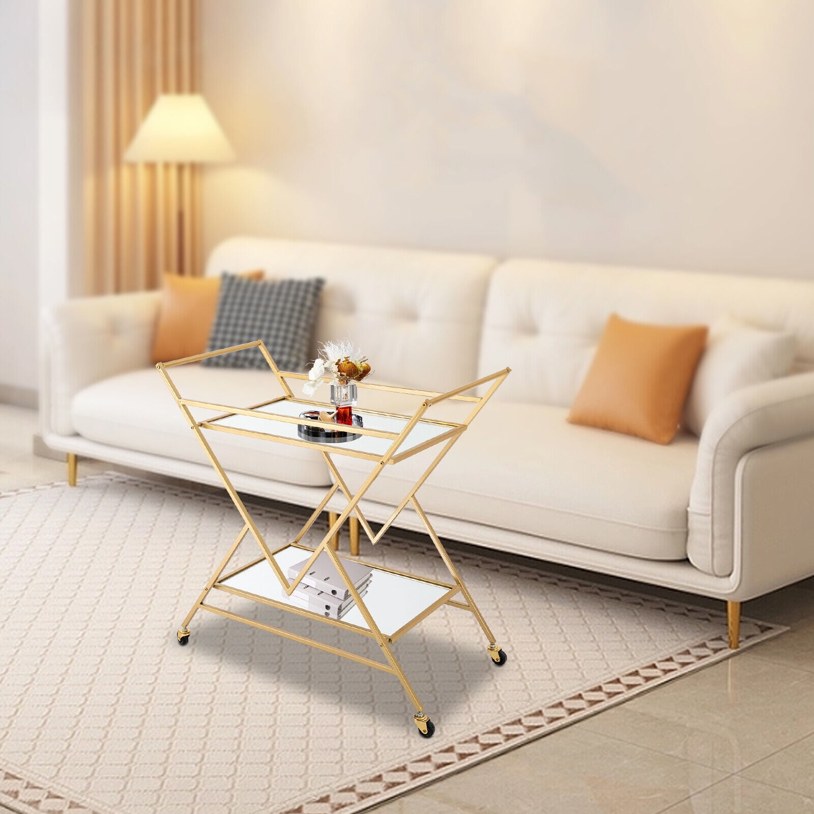 Gold Serving Cart 2Tier Metal Bar Cart Storage Trolley w/Tempered