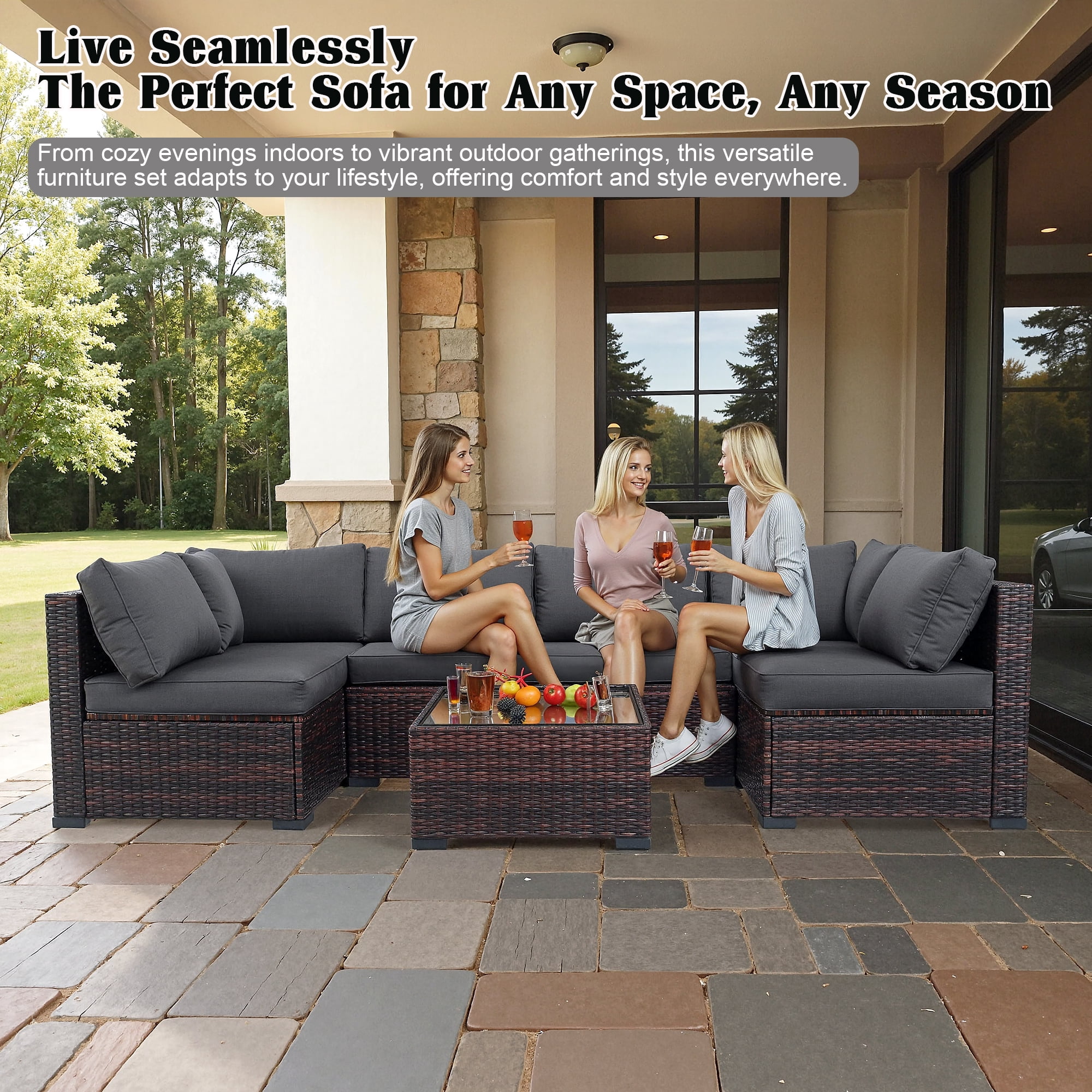 AstrPthylx 7-Piece Patio Sectional Set with Coffee Table, All-Weather Outdoor PE Rattan L-Shaped Sofa and Cushions for Garden, Backyard (Grey)