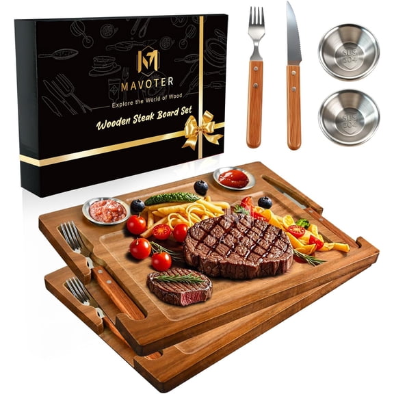 2 Set Acacia Wood Steak Plates Board Set for Eating, Meat Cutting Boards for Steak Food Serving Tray with Fork, Knife & Ramekins,Charcuterie Platter for Family Dinners, BBQ,Parties & Entertaining