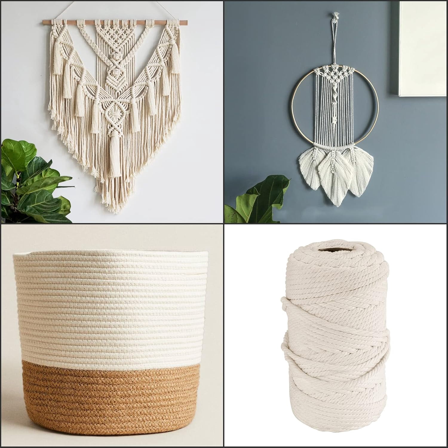 Natural Macrame Cord 6 mm x 500Ft, 4 Strand Twisted Soft Cotton Cord, 1/4 Inch Cotton Rope for DIY Knitting, Plant and Clothes Hangers, Christmas Wedding Decoration, Nutural White