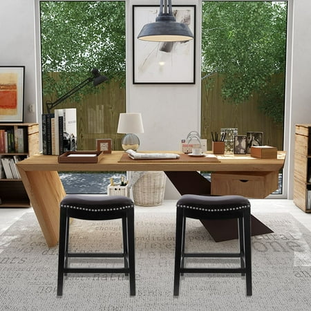 Lowest price ever!Modern Leather Wood Stool Classic Backless Bar Stool Leather Cushions Seat Bench Solid Wood Legs Chair Home Furniture