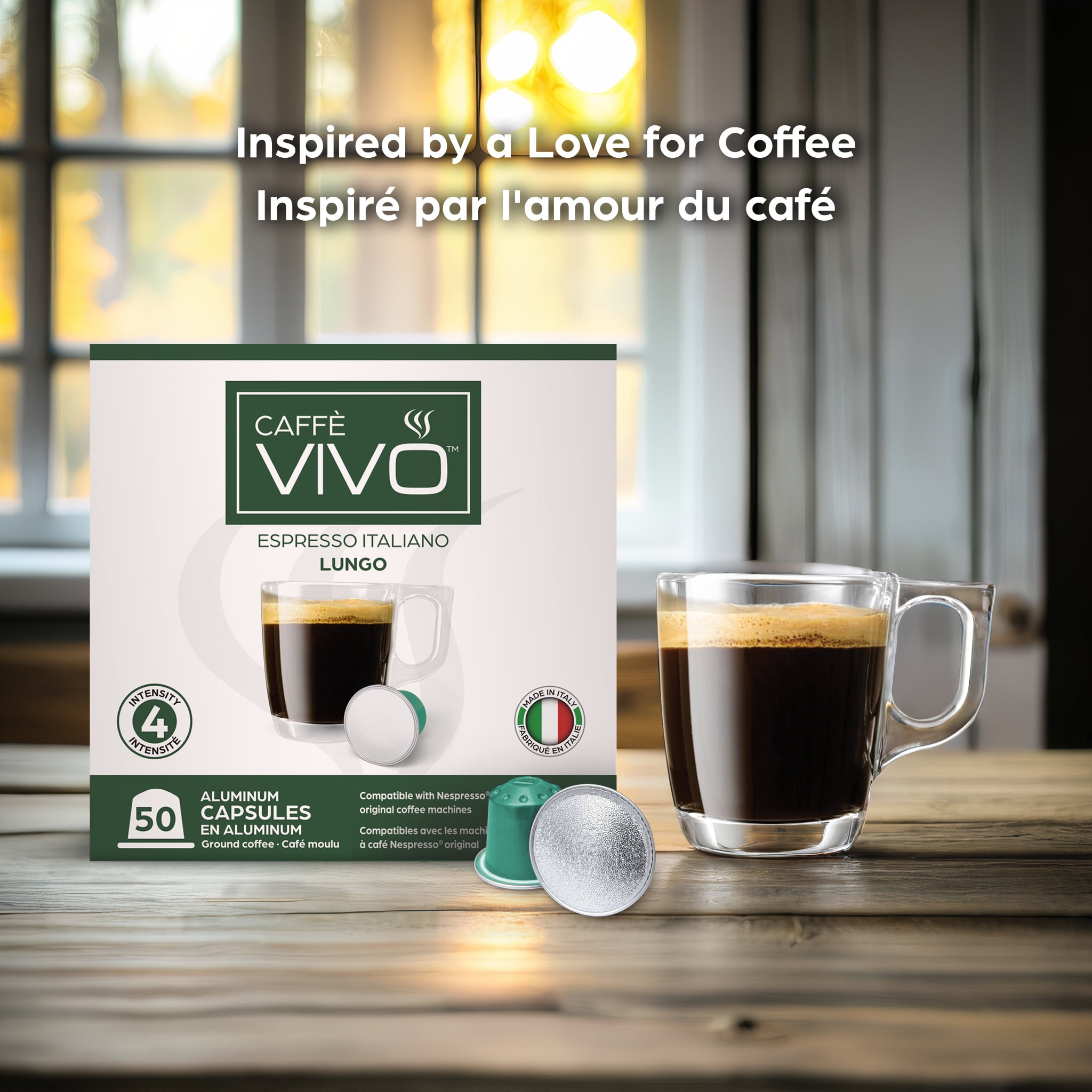 Caffè VIVO Espresso Italiano Lungo (Paquet de 50 Capsules Compatibles Nepresso) Intensité: 4 | Compatible Nespresso