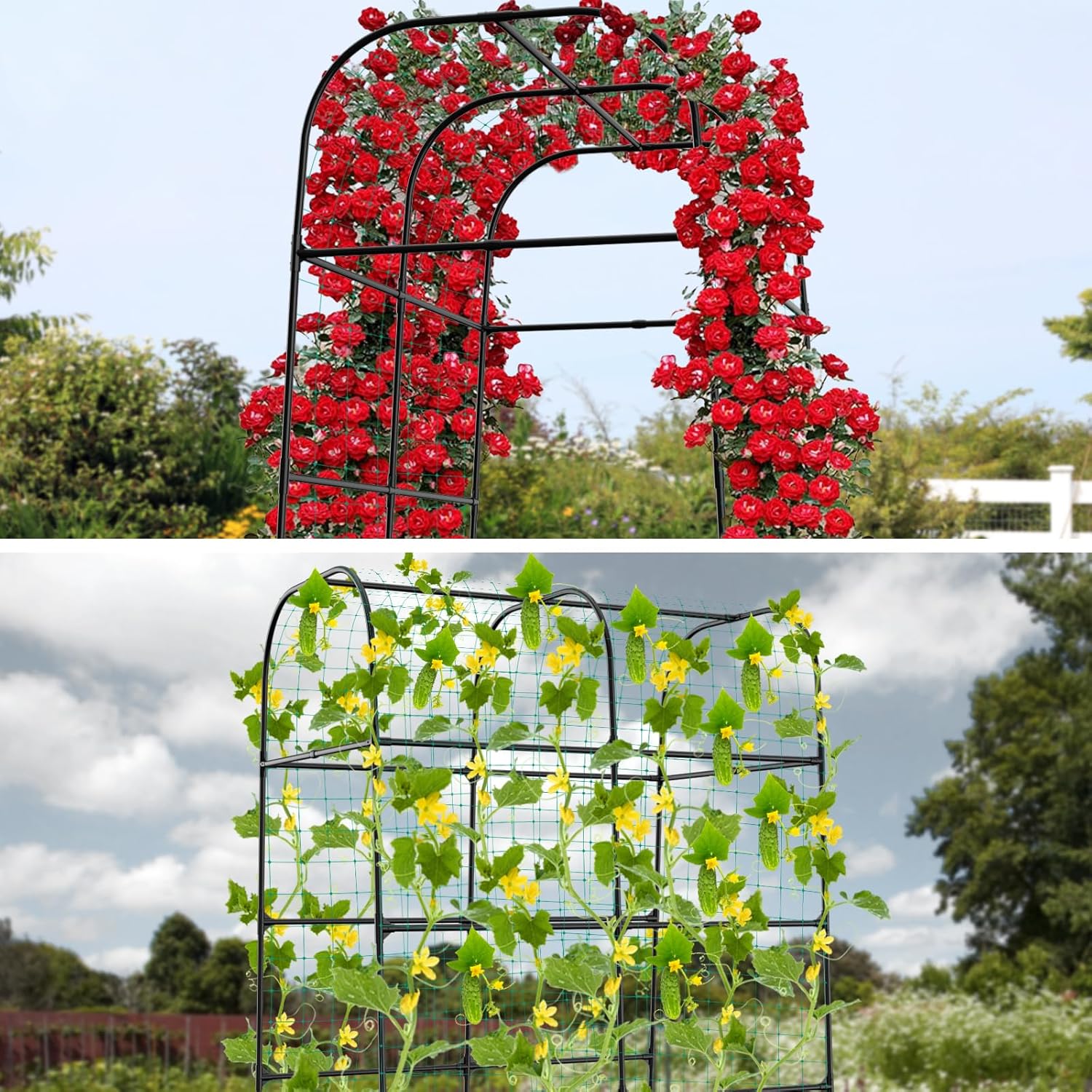 7ft Cucumber Trellis for Raised Bed, Garden Arch Trellis for Climbing Plants Outdoor Indoor, Metal Trellis Support with Net for Vegetables Tomato Zucchini Squash Beans Peas Melons,  Flowers,Vines
