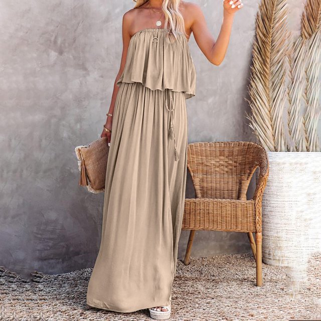ICHUANYI Clearance Women Casual Tube Top Backless Solid Split Fork Dress Bandage Skirt Suit(Beige, XS) Ichuanyi Ichuanyi