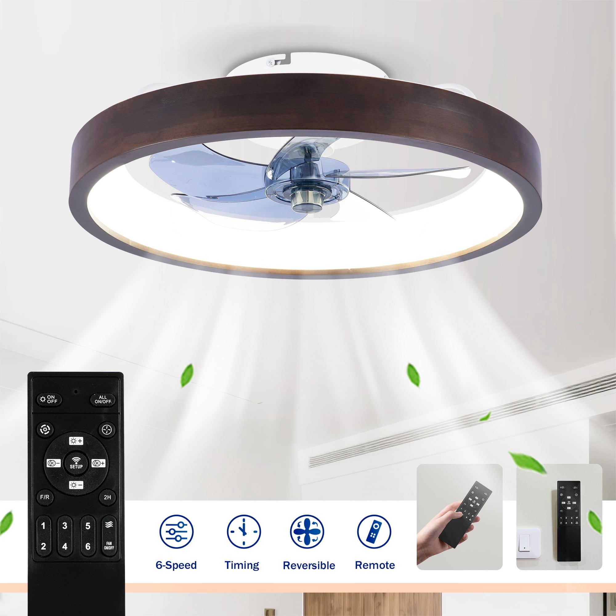 20" Flush Mount Ceiling Fan with Lights, 3000-6500K Dimmable LED, 6 Speeds Reversible Quiet DC Motor, Modern Farmhouse Ceiling Fan for Living Room Bedroom Kitchen, Wood & White