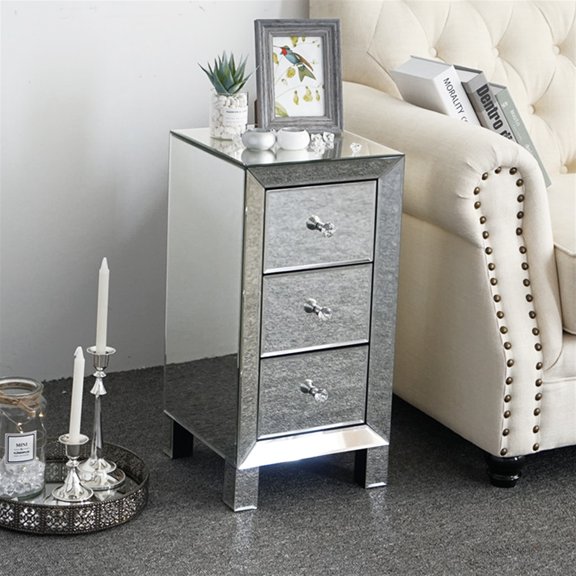 Mirrored 3-Drawer Nightstand Bedside Table - Modern & Contemporary, Crystal Knobs, Elegant Storage for Bedroom