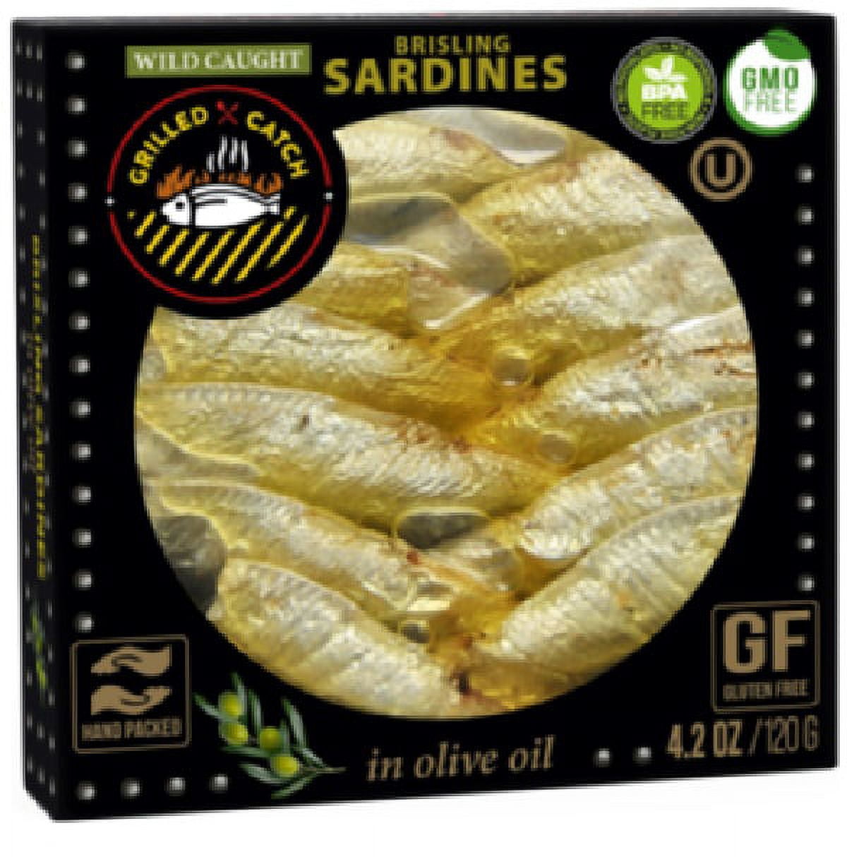 Grilled Catch Wild Caught Brisling Sardines in olive oil 5 Flavor Variety Pack, 4.2 Ounce each