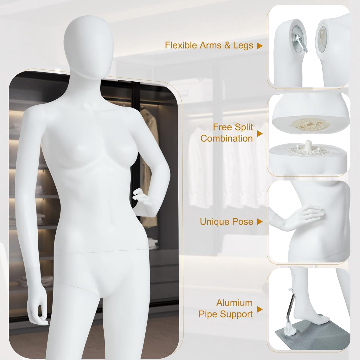 Kinbor 6Ft Female Mannequin Dress Form Display - Manikin Torso Stand Realistic Full Body Mannequin Set with Stand for Clothing Shops, Clothing Design(White)