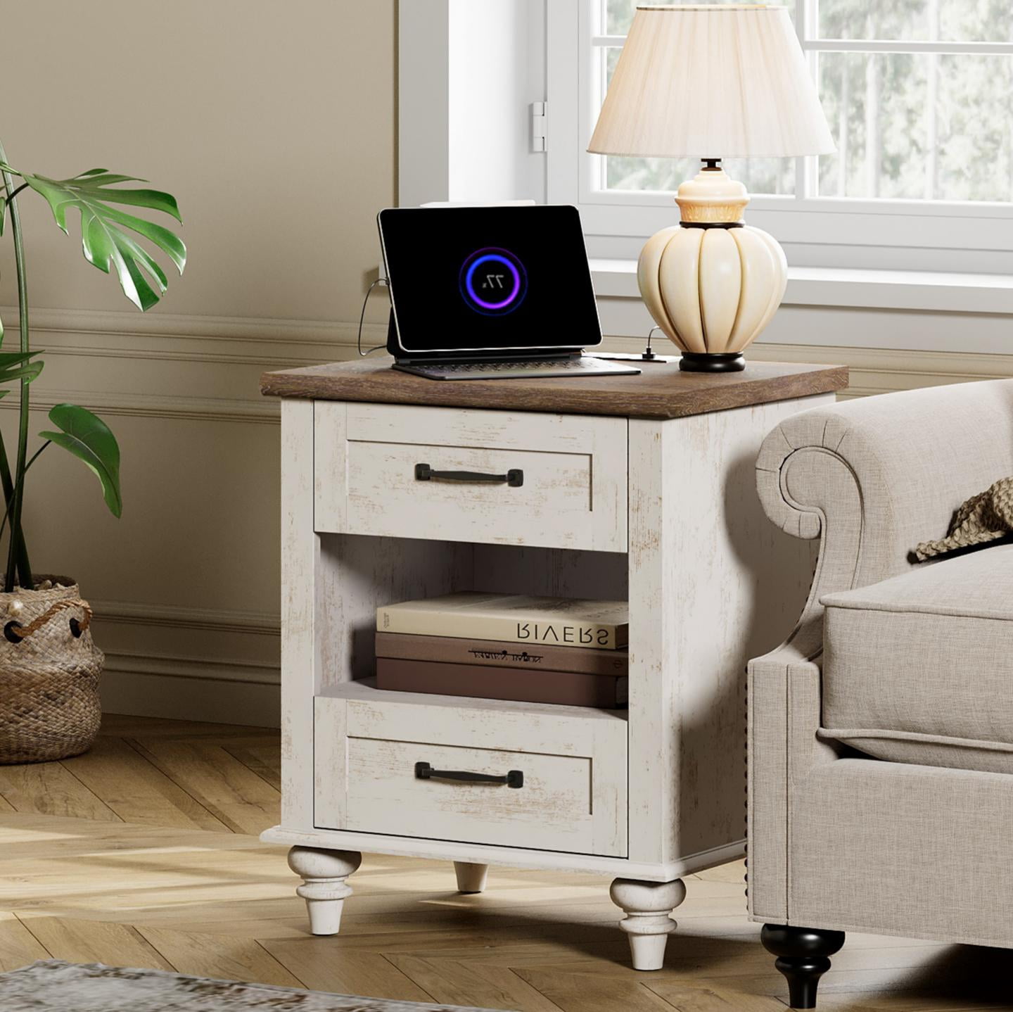 Antique White End Table with 2 Drawers & Open Shelf, Wooden Side Table Nightstand with Charging Station for Living Room & Bedroom