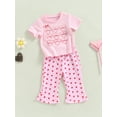 thumbnail image 4 of Musuos Kid Girls Sweet Style Clothes, 6M 12M 24M 3Y 4Y 5Y Pink Short Sleeve Letters Print T-shirt with Heart Print Flare Pants Summer Outfit, 4 of 10