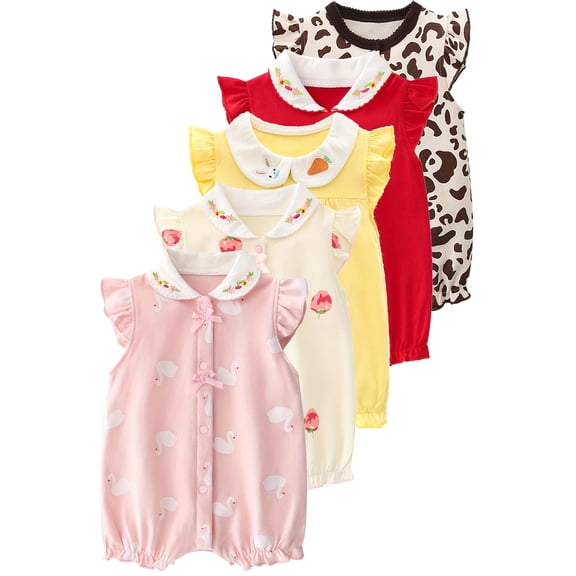 WIBACKER 100% Cotton Newborn Baby Girl Snap-up Rompers, 0-18M,Ruffle Sleeve Infant Summer 1Pcs Swan Jumpsuit
