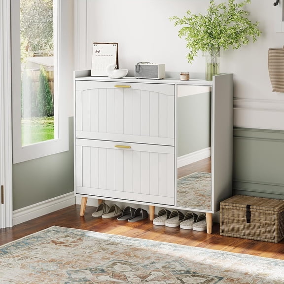 QinaQin Wooden Shoe Cabinet with Mirror,2 Flip Drawers & Side Storage Cabinet,Freestanding Modern Shoe Storage with Adjustable Shelves for Hallway,White