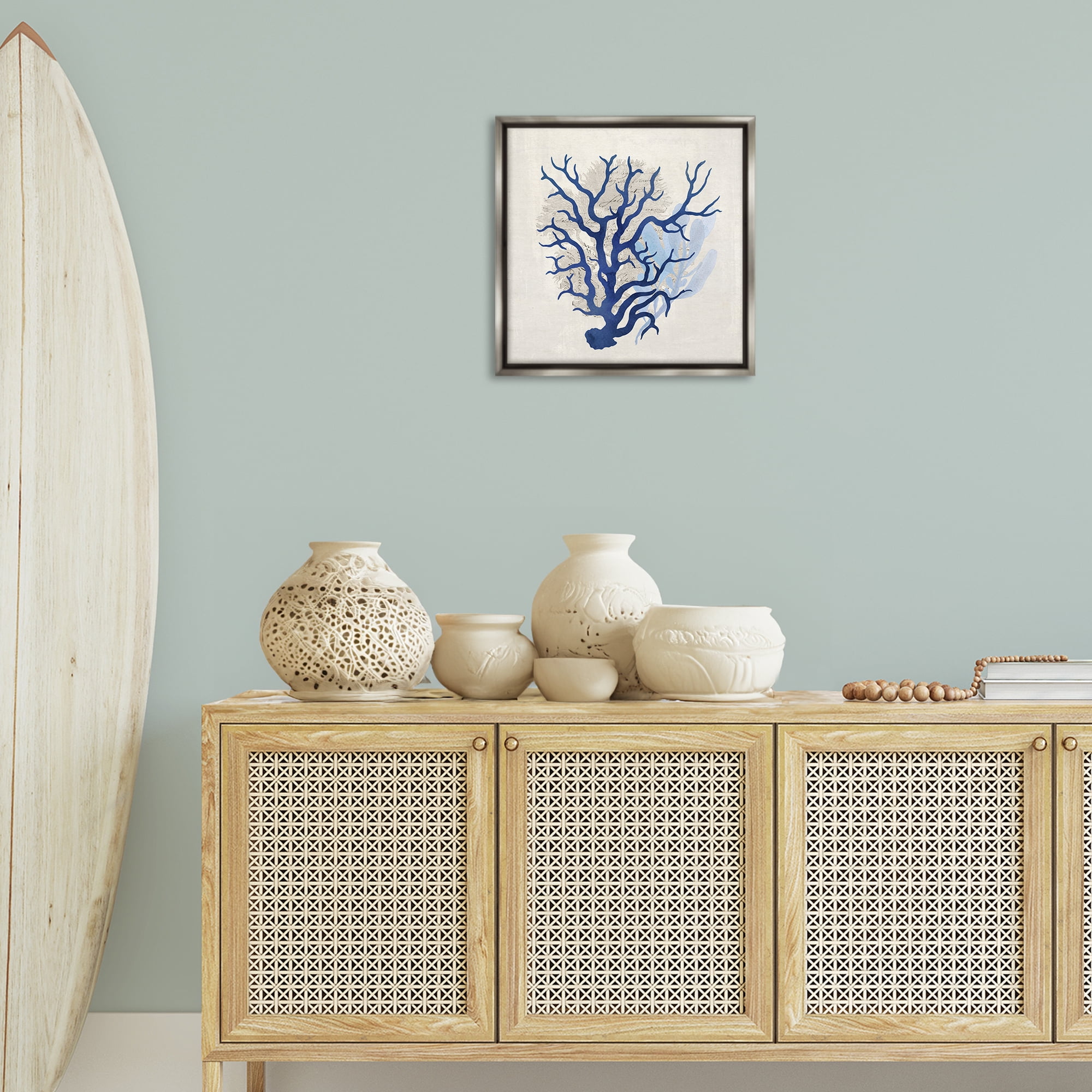 Stupell Industries Blue Coral Branches Nautical & Beach Painting Gray Floater Framed Canvas Art Print Wall Art, 18 x 18
