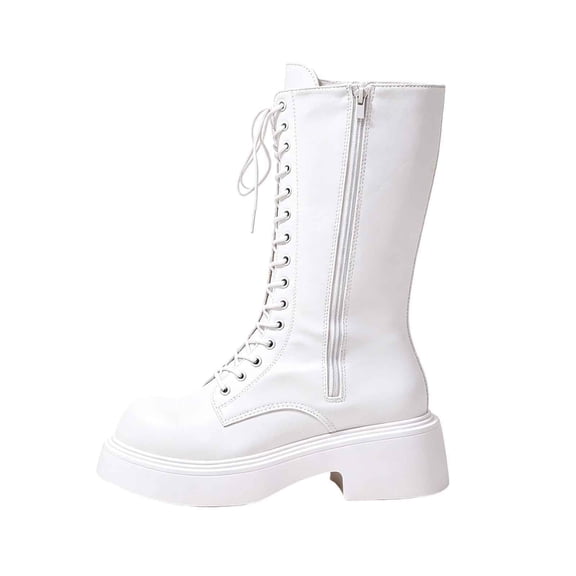 Xfvqtps Lace up Mid Calf Boots for Women Side Zipper Thick Sole Block Low Heel Faux Leather Tall Boots