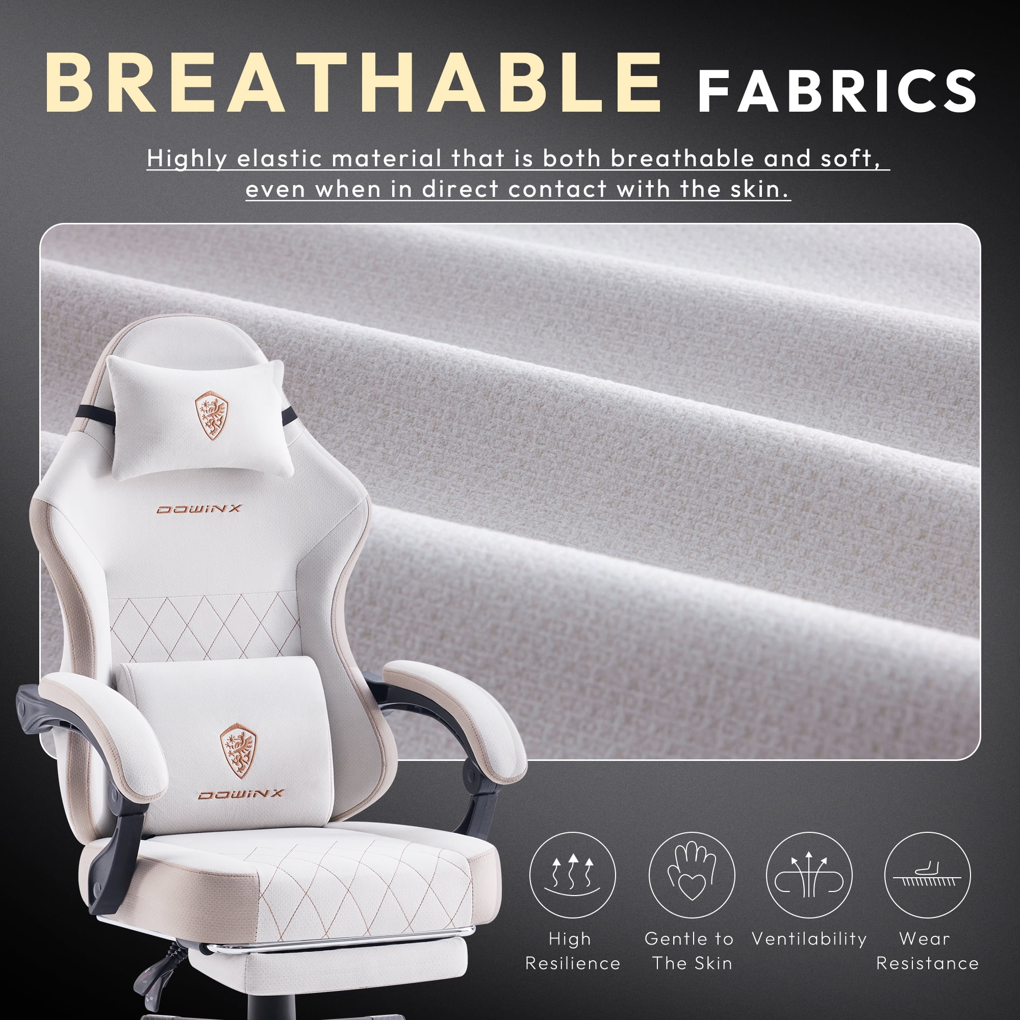 Dowinx Fabric Gaming Chair with Massage Lumbar Support, High Back Ergonomic Computer Chair with Footrest for Adult, Beige