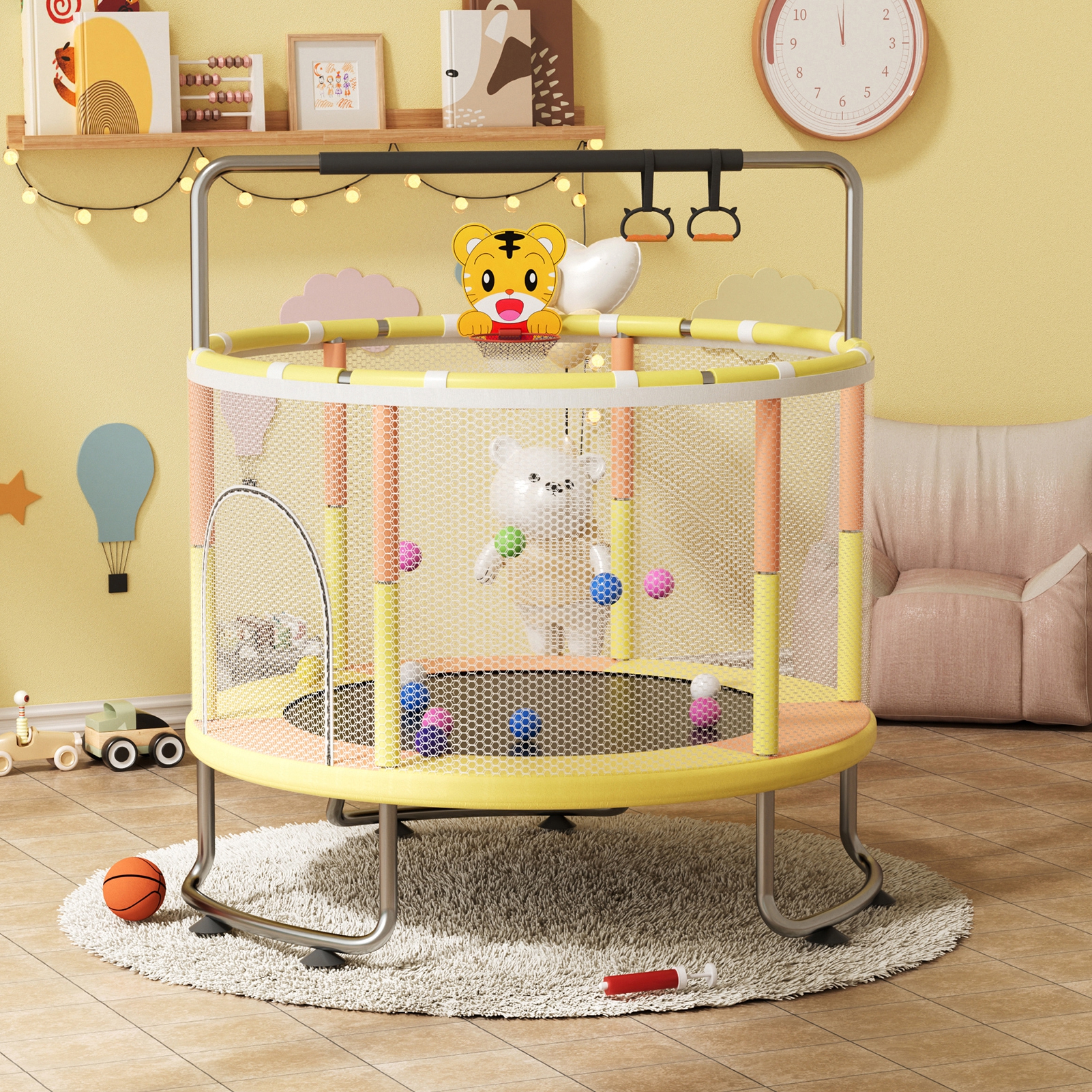 AOJA 5FT Kids Trampoline with Basketball Hoop & Swing, Toddler Jumper with Safety Enclosure Net, Adjustable Gym Bar, 440lbs Capacity Indoor Outdoor Play Jumping Toy for Ages 1+, Yellow
