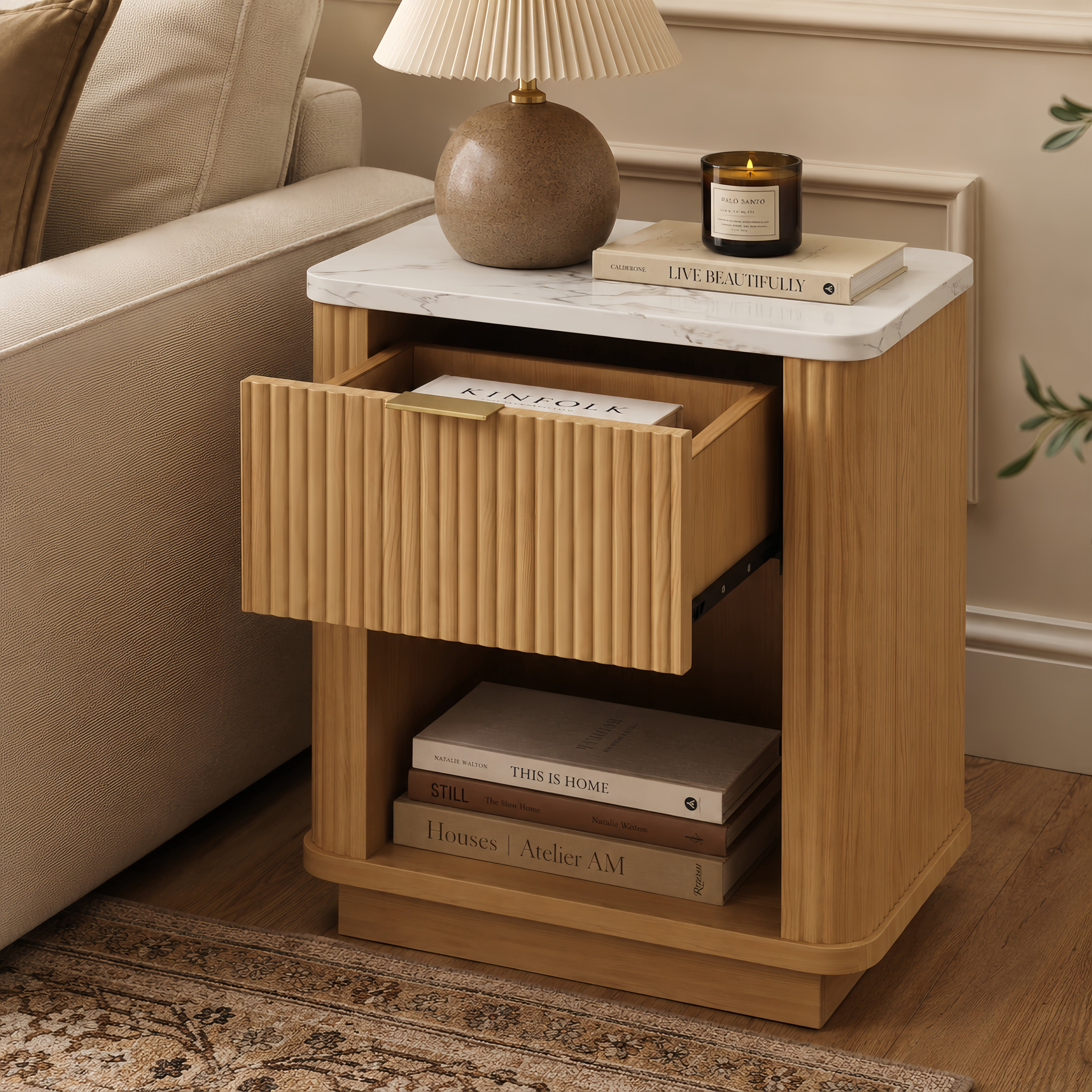 Fluted Nightstand with Storage Drawer and Open Shelf, Faux Marble-Look Top, Gold-Tone Handle, Modern Bedside Table and End Table for Bedroom, Guest Room, Dorm and Living Room
