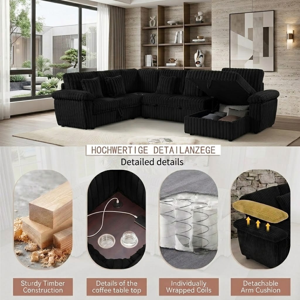 Howcool Modular Sectional Sleeper Sofa, U‑Shaped 7‑Seat Convertible Cloud Couch with Pull‑Out Bed Storage Chaise,USB Charging Ports & Corner Coffee Table Plush Corduroy Couch for Living Room,Black