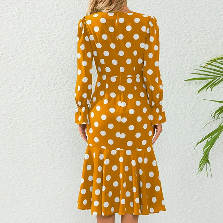Women's Elegant Polka Dots Dress Long Sleeve Wrap V Neck Ruched Ruffle Hem  Mermaid Pencil Midi Dresses - Walmart.com