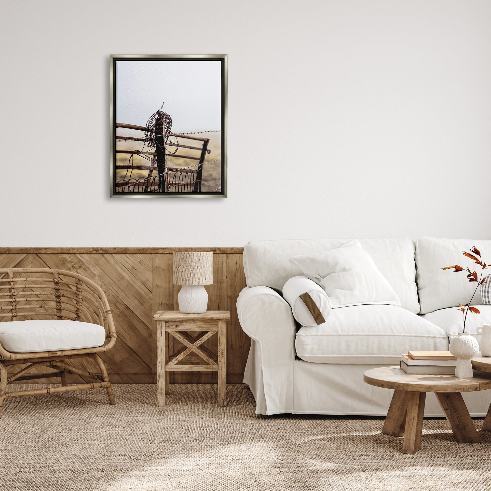 Stupell Industries Rural Meadow Fence Barbed Wire Countryside Photography Photograph Luster Gray Floating Framed Canvas Print Wall Art, Design by Leah Straatsma