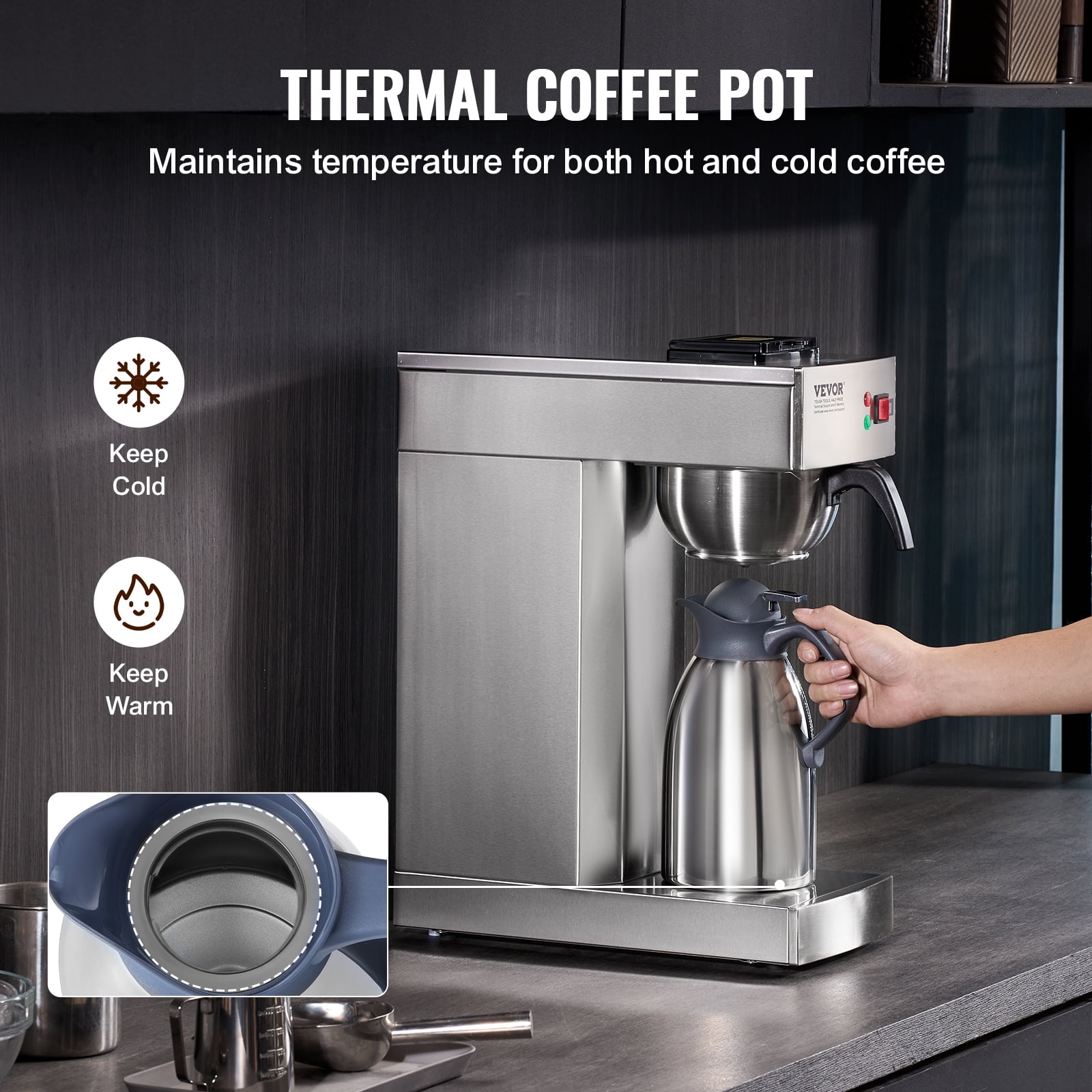 VEVOR 12 Cups Commercial Drip Coffee Maker, Coffee Maker Machine with Thermal Carafe to Keep Warm or Cold, Stainless Steel Pour Over Coffee Brewer for Restaurant, Office, Cafe