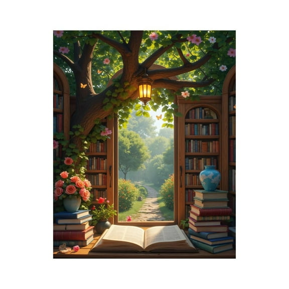 Paint by Numbers Kit for Adults, Library Garden View Blossoms Pathway Paint by Numbers, Easy Paint by Numbers Kit for Adults Beginner, DIY Adult Paint by Number Kits on Canvas, 12x16in Home Decor