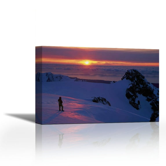 Skier on Franz Josef Glacier watching sunset over the Tasman Sea, Westland NP - Contemporary Fine Art Giclee on Canvas Gallery Wrap - wall décor - Art painting - 36 x 24 Inch - Ready to Hang